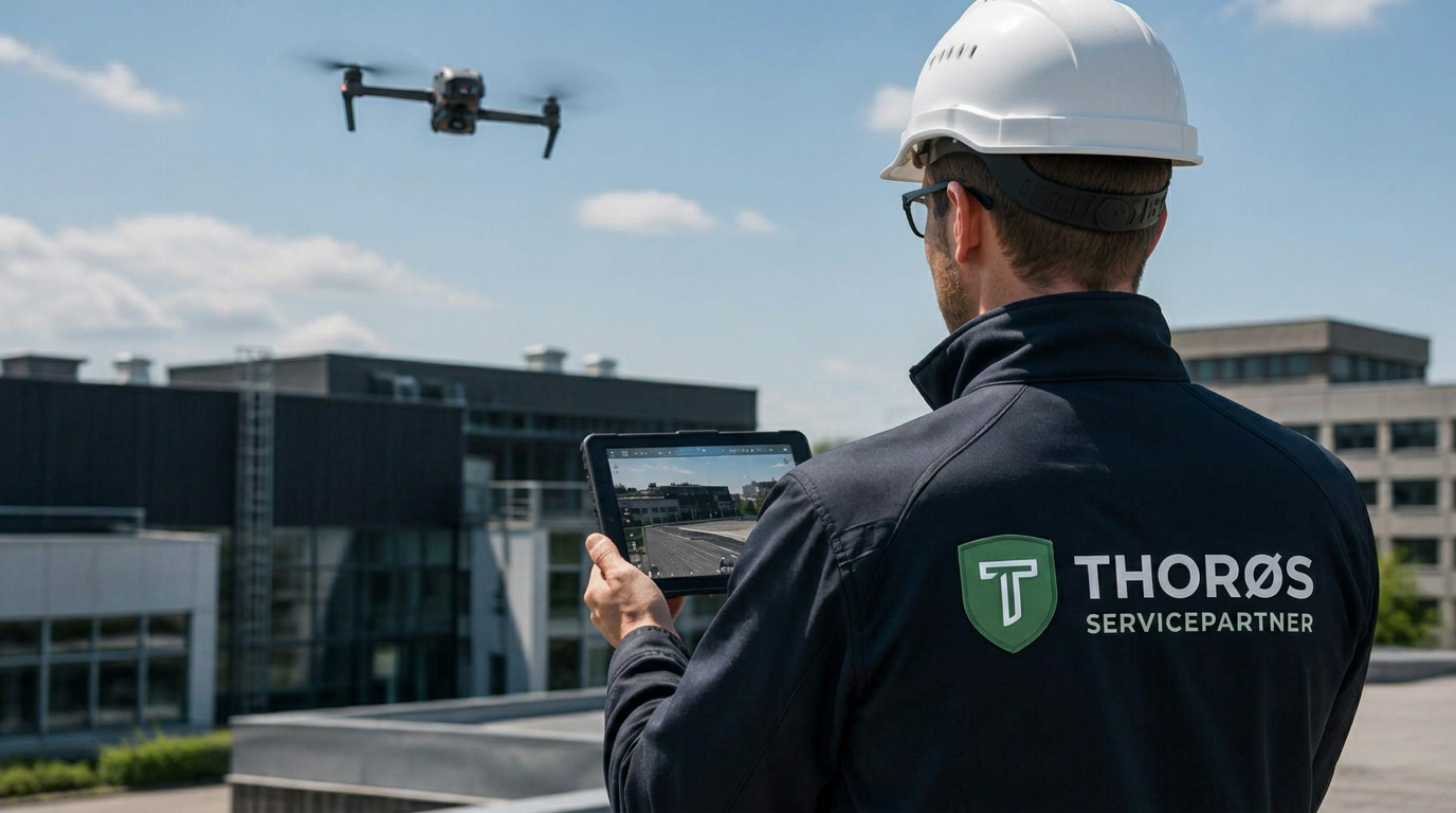 Droneoperatør inspicerer tag og facade