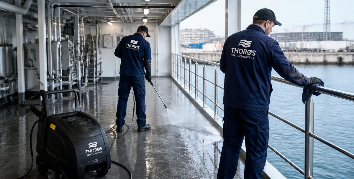 Thorøs-medarbejdere udfører højtryksrensning på et skibs dæk i havn