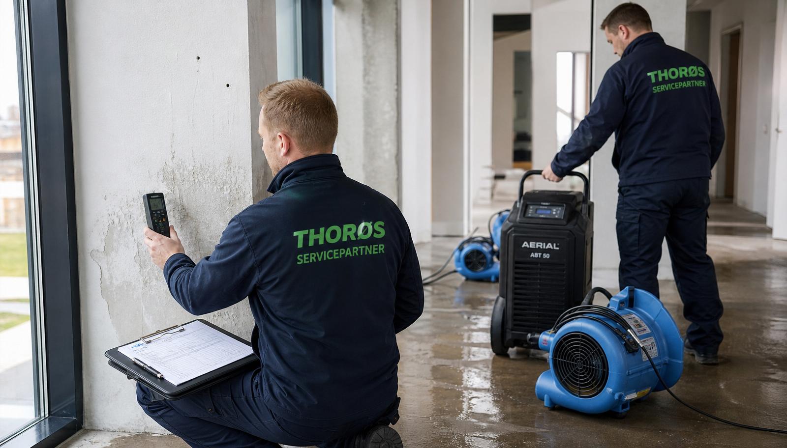 Thorøs-teknikere måler fugt og opstiller affugtere efter vandskade